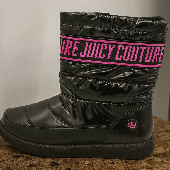 Juicy Couture Black Quilted Winter Boots with Pink Logo Band - Picture 1 of 6